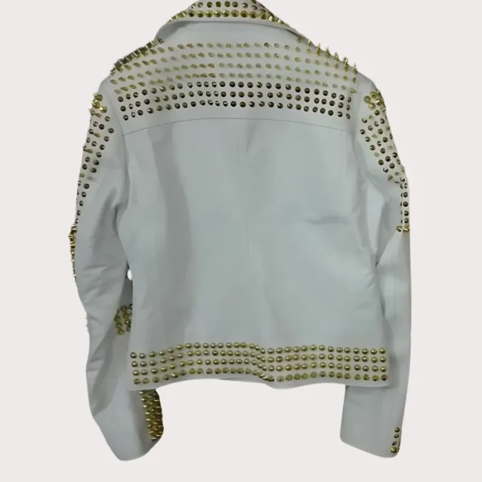 Handmade Womens White Golden Studded Punk Style Biker Leather Jacket