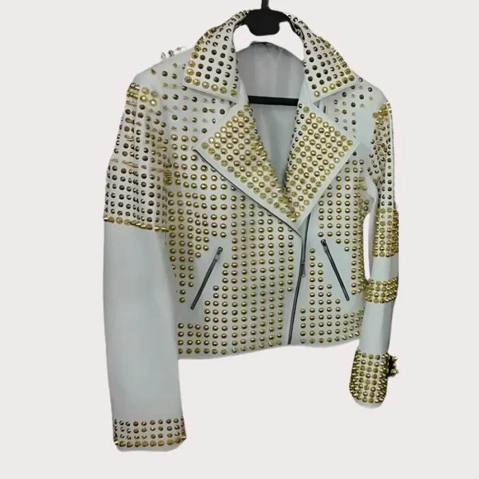 Handmade Womens White Golden Studded Punk Style Biker Leather Jacket
