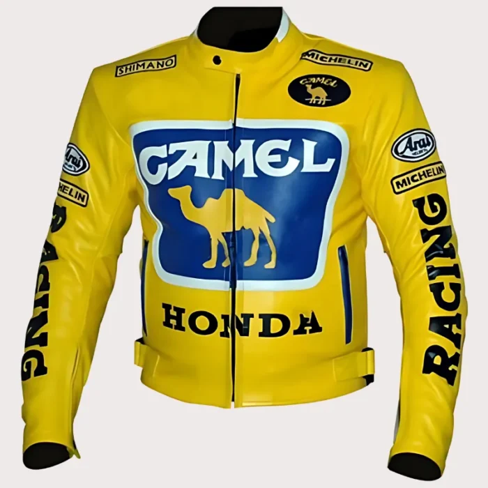 Mens Honda Camel Racing Motorcycle Yellow Leather Jacket