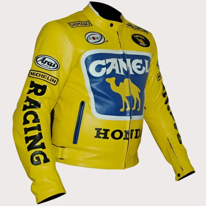 Mens Honda Camel Racing Motorcycle Yellow Leather Jacket