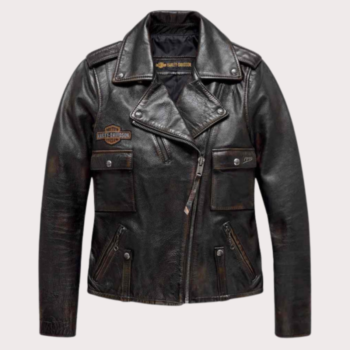 Women Harley Davidson Distressed Leather Biker Jacket