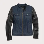 Womens Navy Denim Jacket with Leather Sleeves