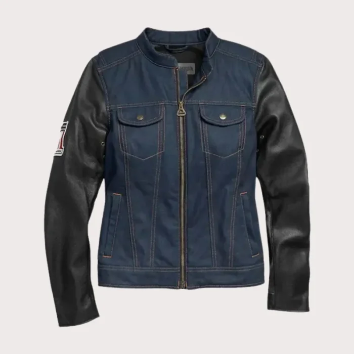 Womens Navy Denim Jacket with Leather Sleeves