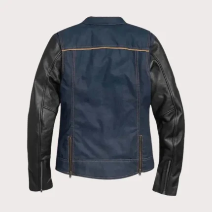 Womens Navy Denim Jacket with Leather Sleeves