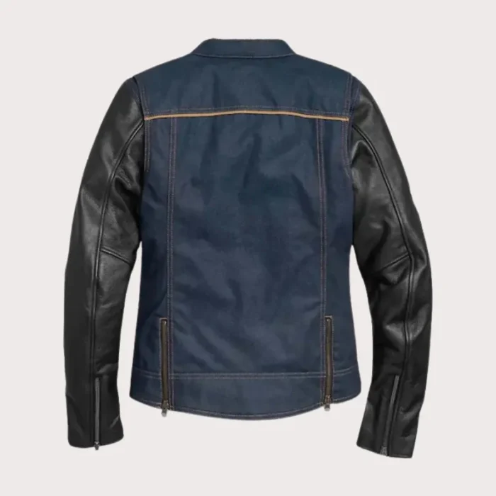 Womens Navy Denim Jacket with Leather Sleeves