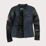 Womens Navy Denim Jacket with Leather Sleeves