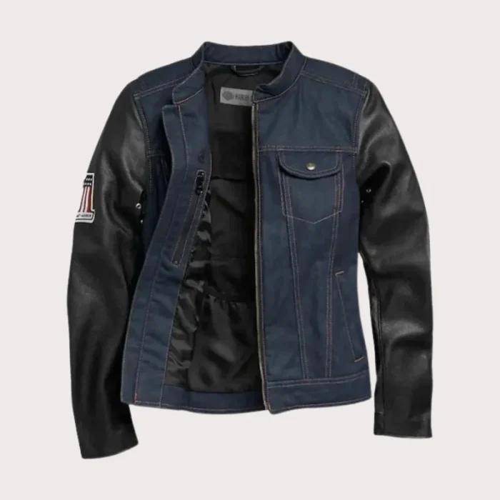 Womens Navy Denim Jacket with Leather Sleeves