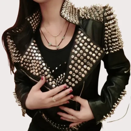 Handmade Women Black Studded Leather Jacket