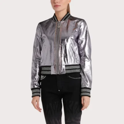Lilac Metallic Bomber Studded Biker Jacket