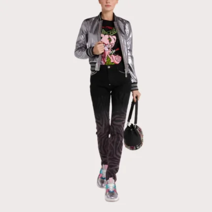 Lilac Metallic Bomber Studded Biker Jacket