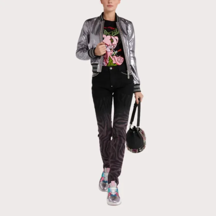 Lilac Metallic Bomber Studded Biker Jacket