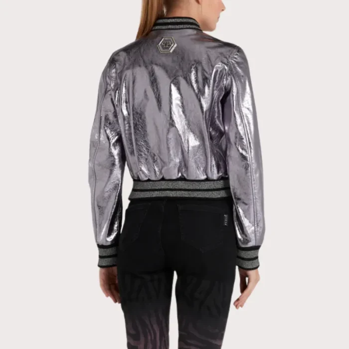 Lilac Metallic Bomber Studded Biker Jacket