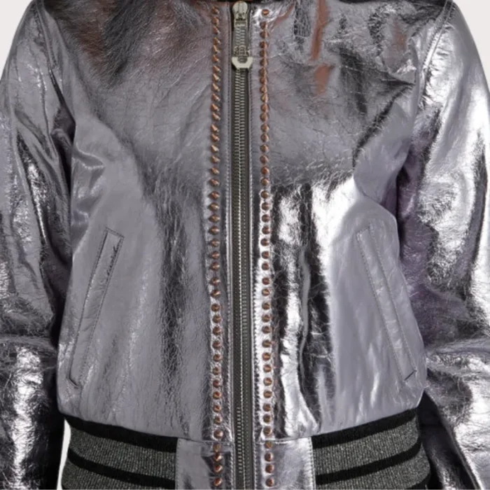 Lilac Metallic Bomber Studded Biker Jacket