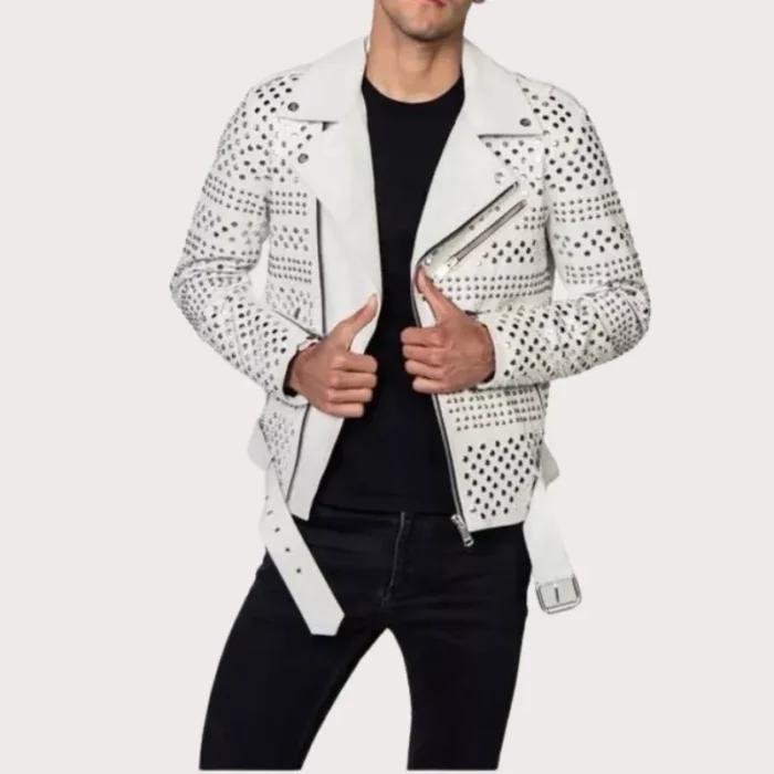 Men's White Biker Leather Jacket Belt with Silver Studs