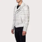 Men's White Biker Leather Jacket Belt with Silver Studs