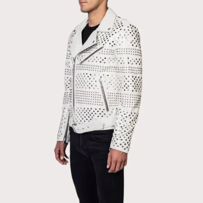 Men's White Biker Leather Jacket Belt with Silver Studs