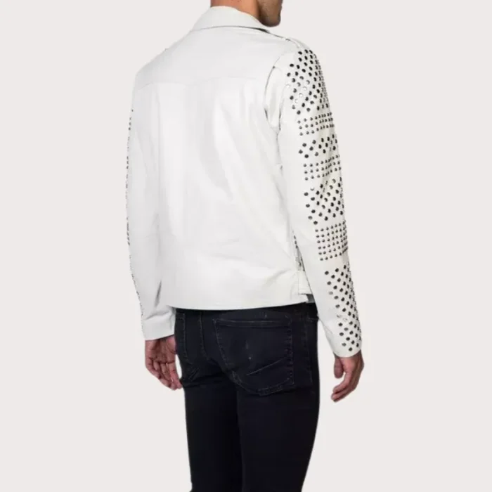 Men's White Biker Leather Jacket Belt with Silver Studs