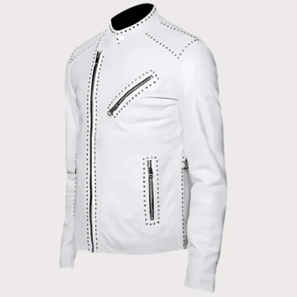 Mens White Classic Brando Studded Leather Jacket