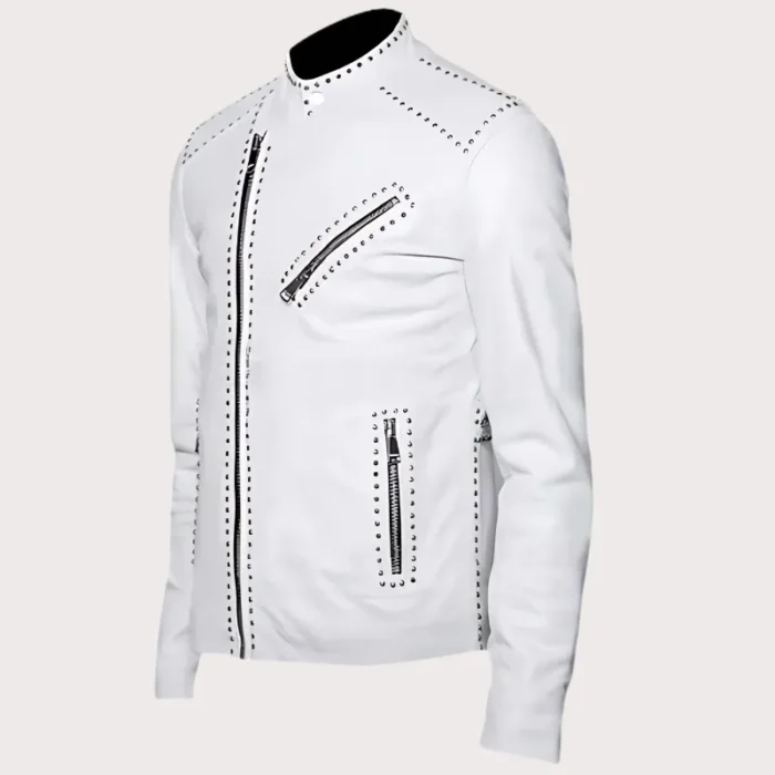 Mens White Classic Brando Studded Leather Jacket