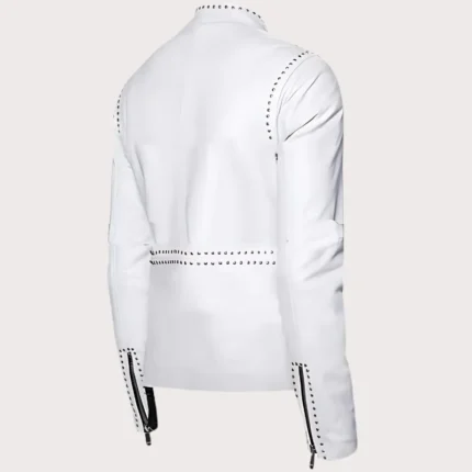 Mens White Classic Brando Studded Leather Jacket
