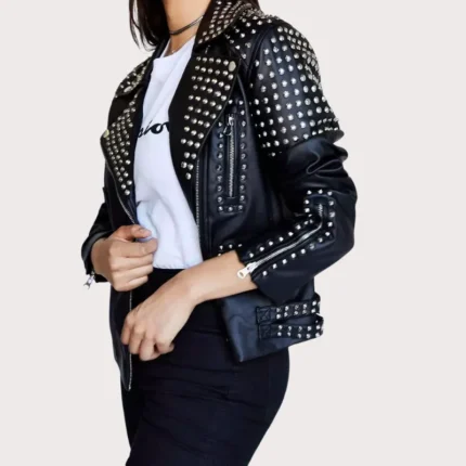 New Handmade Women's Black Fashion Studded Punk Style Leather Jacket