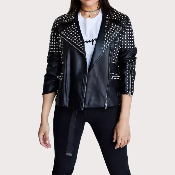 New Handmade Women's Black Fashion Studded Punk Style Leather Jacket