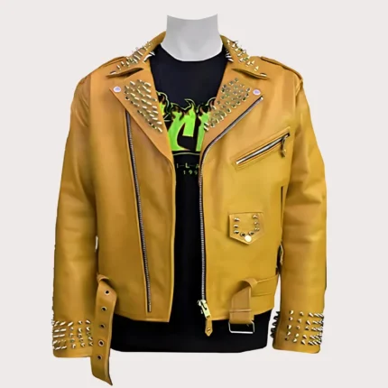 New Men Orange Silver Spikes Biker Leather Jacket