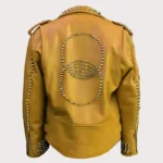 New Men Orange Silver Spikes Biker Leather Jacket
