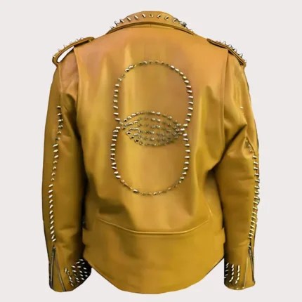 New Men Orange Silver Spikes Biker Leather Jacket