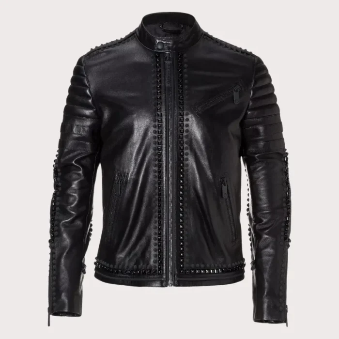 New Mens Black Metal Spiked Studded Leather Jacket