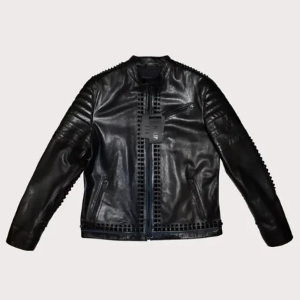 New Mens Black Metal Spiked Studded Leather Jacket