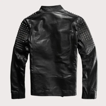 New Mens Black Silver Studded buttoned Punk Cowhide Biker Leather Jacket