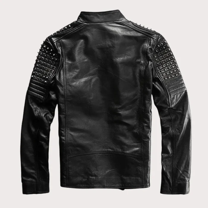 New Mens Black Silver Studded buttoned Punk Cowhide Biker Leather Jacket