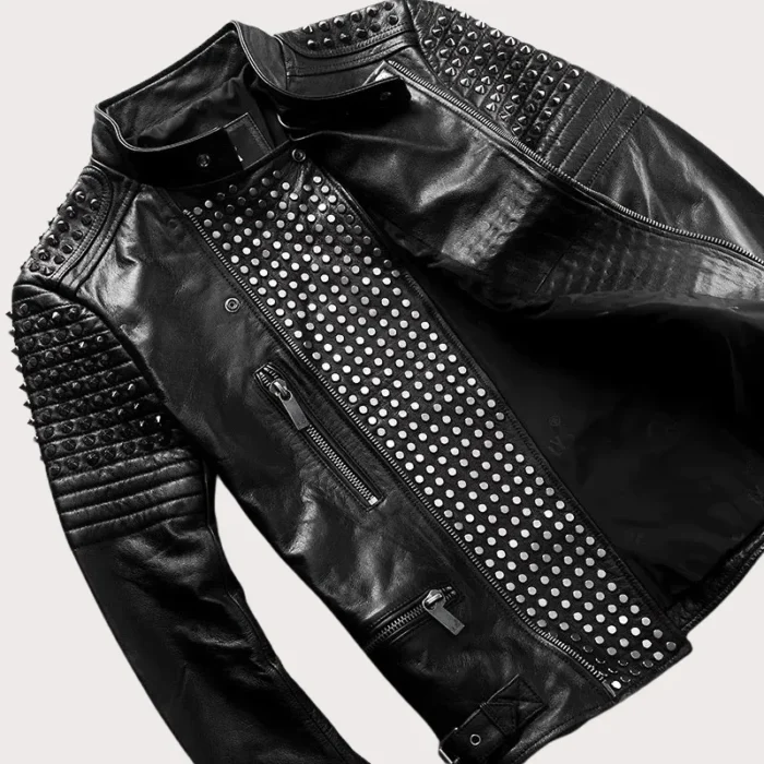 New Mens Black Silver Studded buttoned Punk Cowhide Biker Leather Jacket