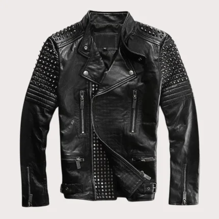 New Mens Black Silver Studded buttoned Punk Cowhide Biker Leather Jacket