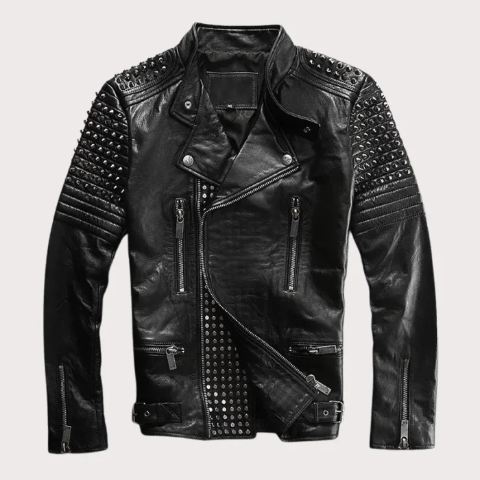 New Mens Black Silver Studded buttoned Punk Cowhide Biker Leather Jacket