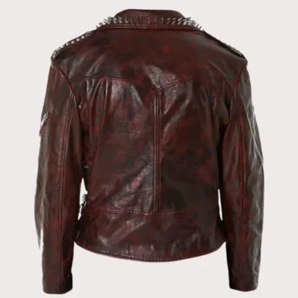 New Mens Full Red Waxed Punk Metallic Spiked Studded Zippered Leather Jacket