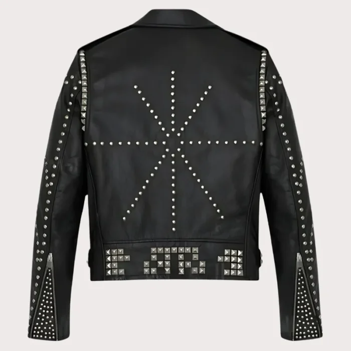 New Mens Handmade Black Full Silver Punk Studded Rivets Leather Jacket