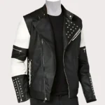 New Men's Two Tone Black White Genuine Leather Silver Studded Biker Jacket