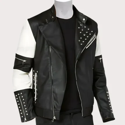New Men's Two Tone Black White Genuine Leather Silver Studded Biker Jacket