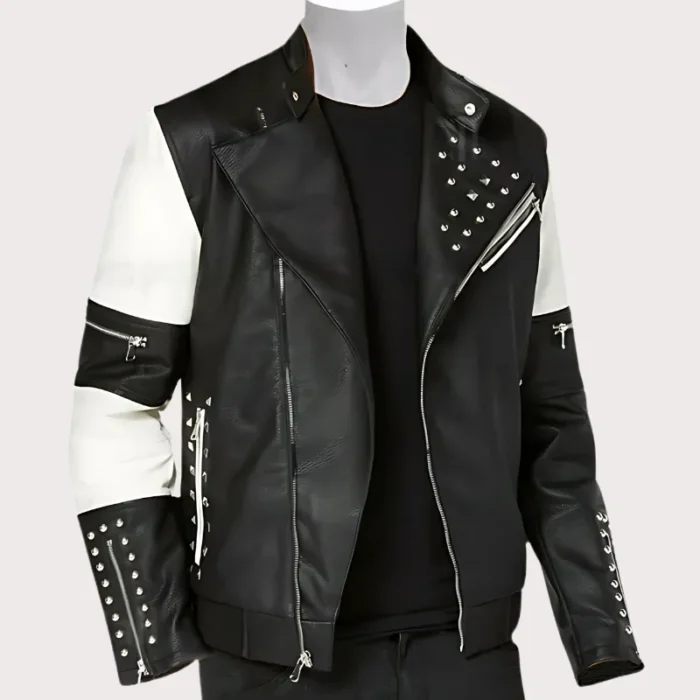 New Men's Two Tone Black White Genuine Leather Silver Studded Biker Jacket