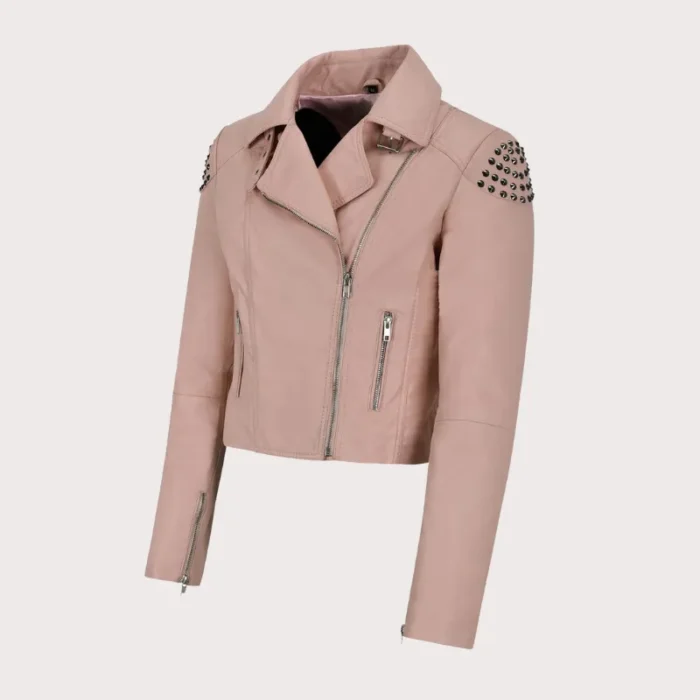 Pink Back Skull Studded Biker Leather Jacket
