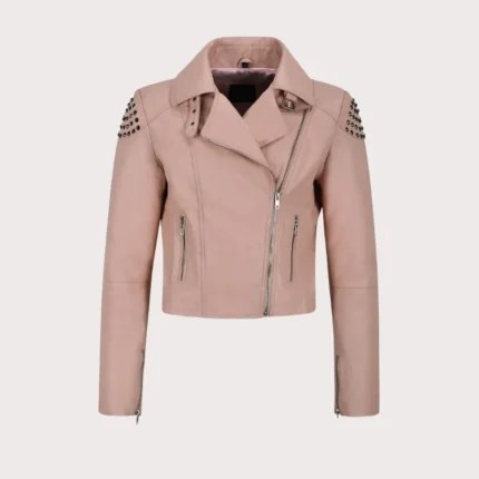 Pink Back Skull Studded Biker Leather Jacket