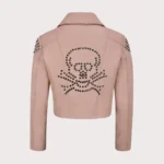Pink Back Skull Studded Biker Leather Jacket