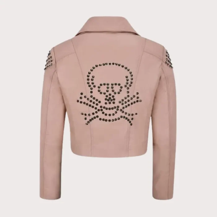 Pink Back Skull Studded Biker Leather Jacket