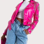Pink Lambskin Leather Studded Biker Jacket