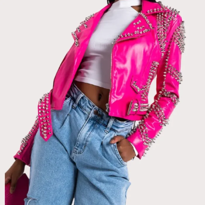 Pink Lambskin Leather Studded Biker Jacket