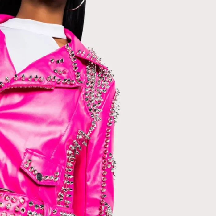 Pink Lambskin Leather Studded Biker Jacket