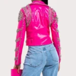 Pink Lambskin Leather Studded Biker Jacket