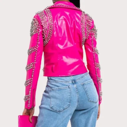 Pink Lambskin Leather Studded Biker Jacket